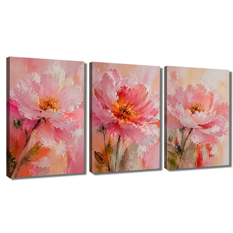 Impression sur toile à 3 panneaux à texture épaisse pivoine rose, 24 * 36 pouces * 3