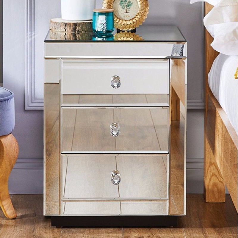 Yerington Mirrored 3 Drawer Nightstand Modern Design Bedside Table