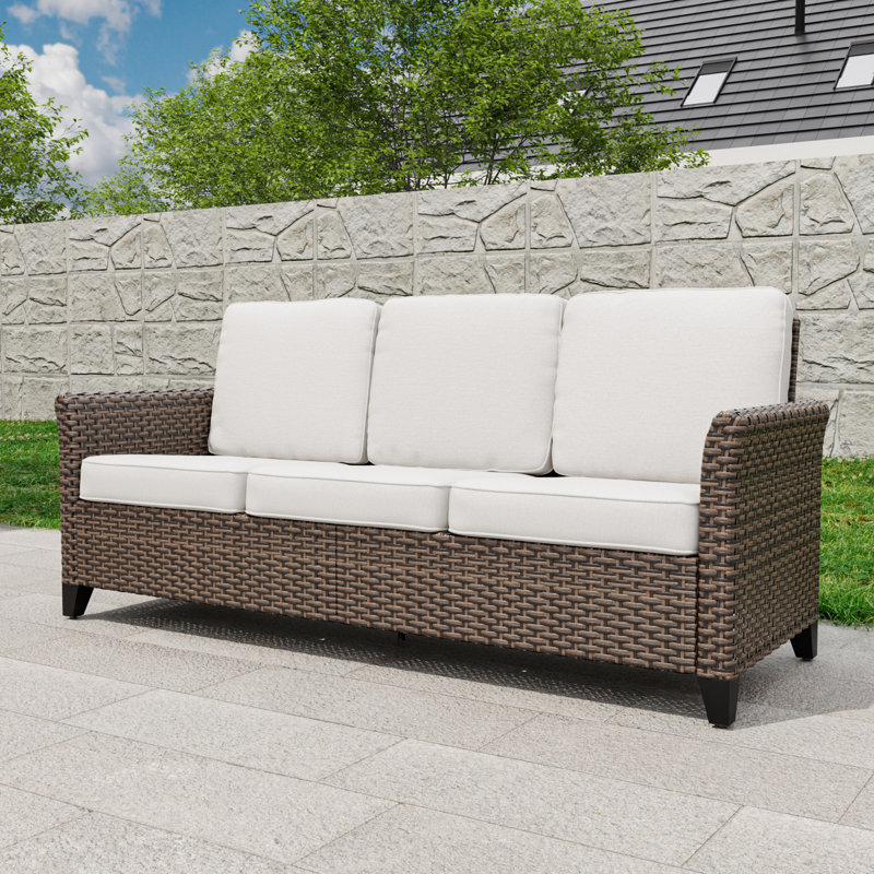 74.8? Wide Patio Outdoor All-Weather Wicker 3-Seat Sofa With Olefin Cushions, Beige