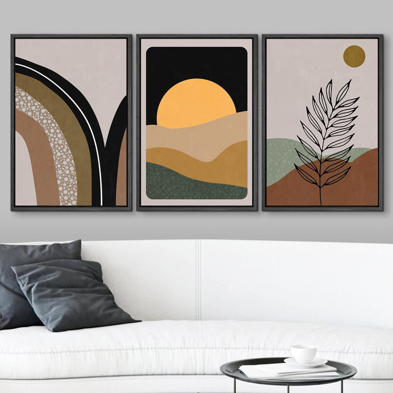 «Boho, géométrique, soleil, forêt, plante, paysages, illustrations abstraites, art moderne, décor bohémien», 3 pièces