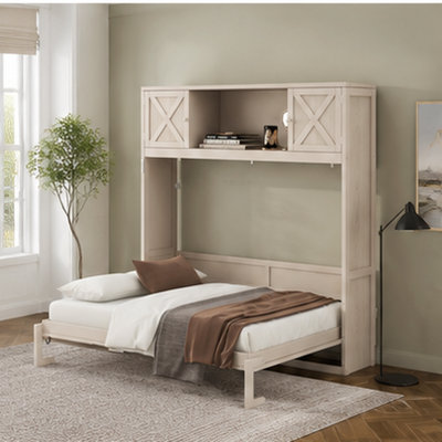 81.97 in Murphy Bed with Storage Cabinets, Pine Wood and MDF, Rustic Beige