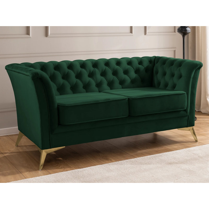 Whitby 2 Seater Velvet Loveseat, Gold, Bottle Green
