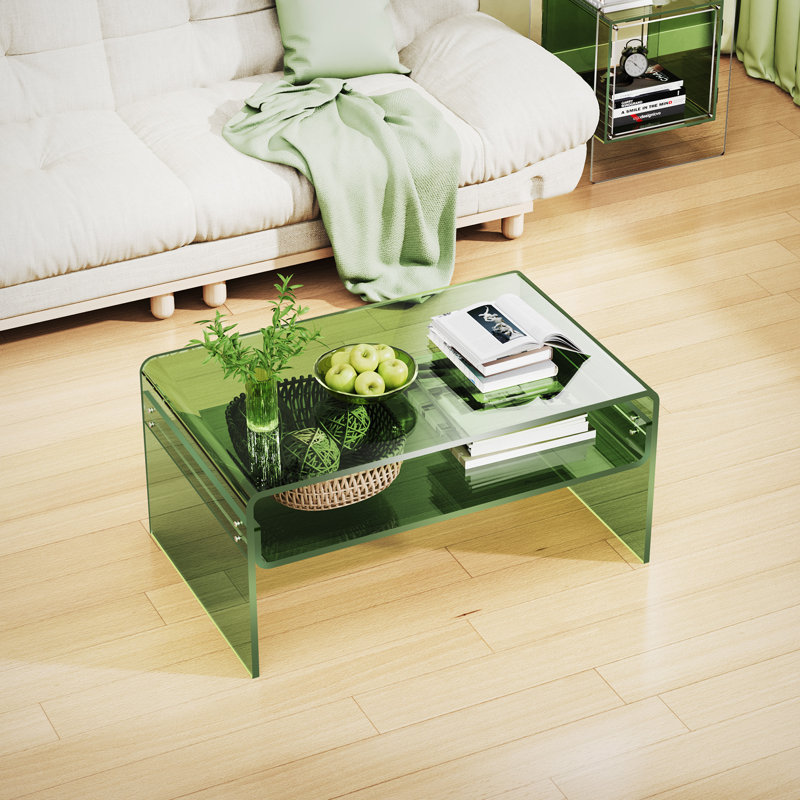 Freysteinn Acrylic Coffee Table,  2 Tiers Clear End Table with Storage Shelf, Green