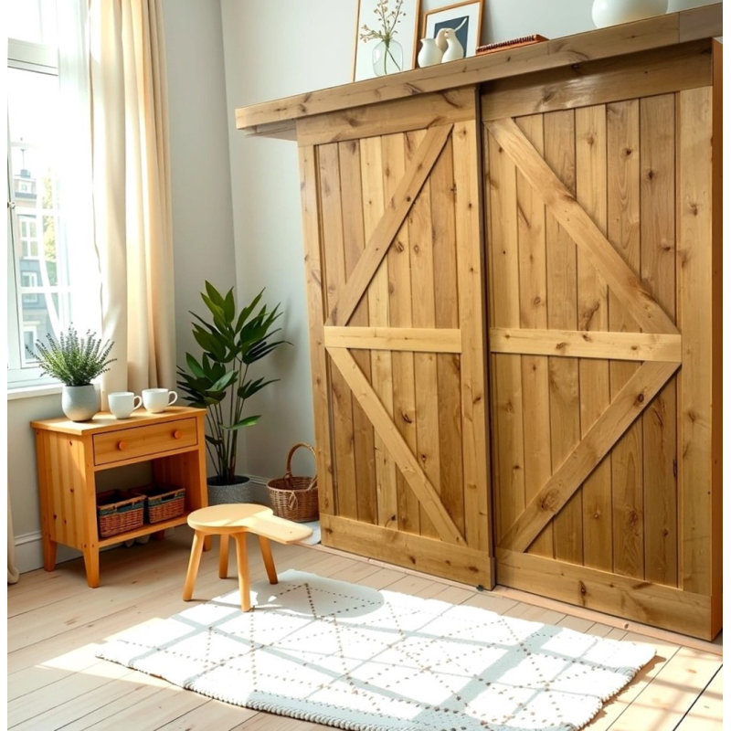 Portes de grange doubles en aulne fini avec ensemble de quincaillerie coulissante en bois, 55 po x 84 po