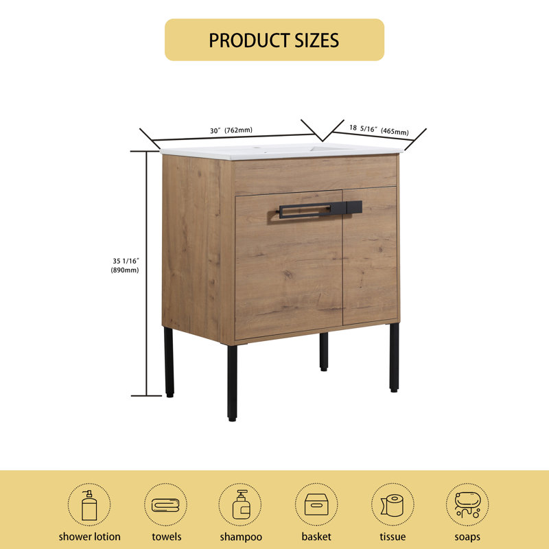 Meuble-lavabo simple 30 po avec lavabo en céramique, Brun