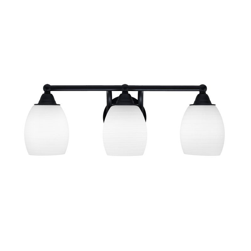 Barre d'éclairage de salle de bain 3 lumières Paramount au fini noir mat avec verre en lin blanc de 5 po