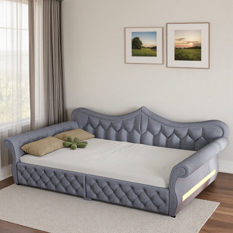Lit de jour rembourré avec décoration à DEL et tête de clou, Gris
