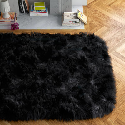 Diller Black Faux Fur Machine Washable Shag Fluffy Area Rug
