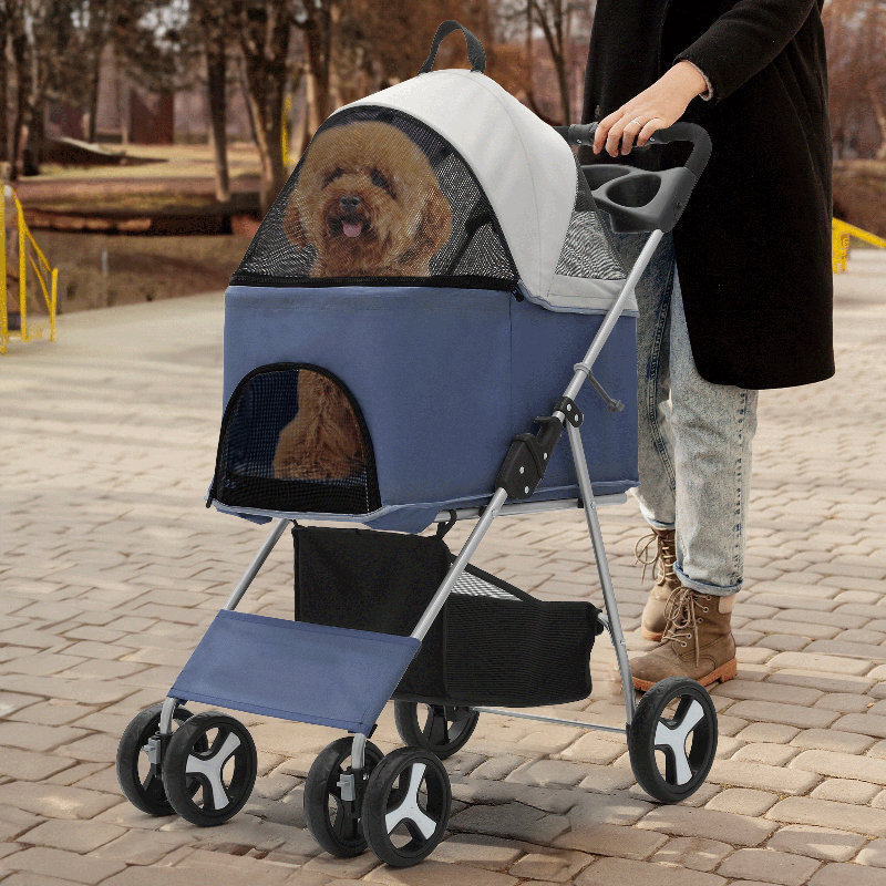 Navy Blue Foldable Steel Frame Dog Stroller with Storage