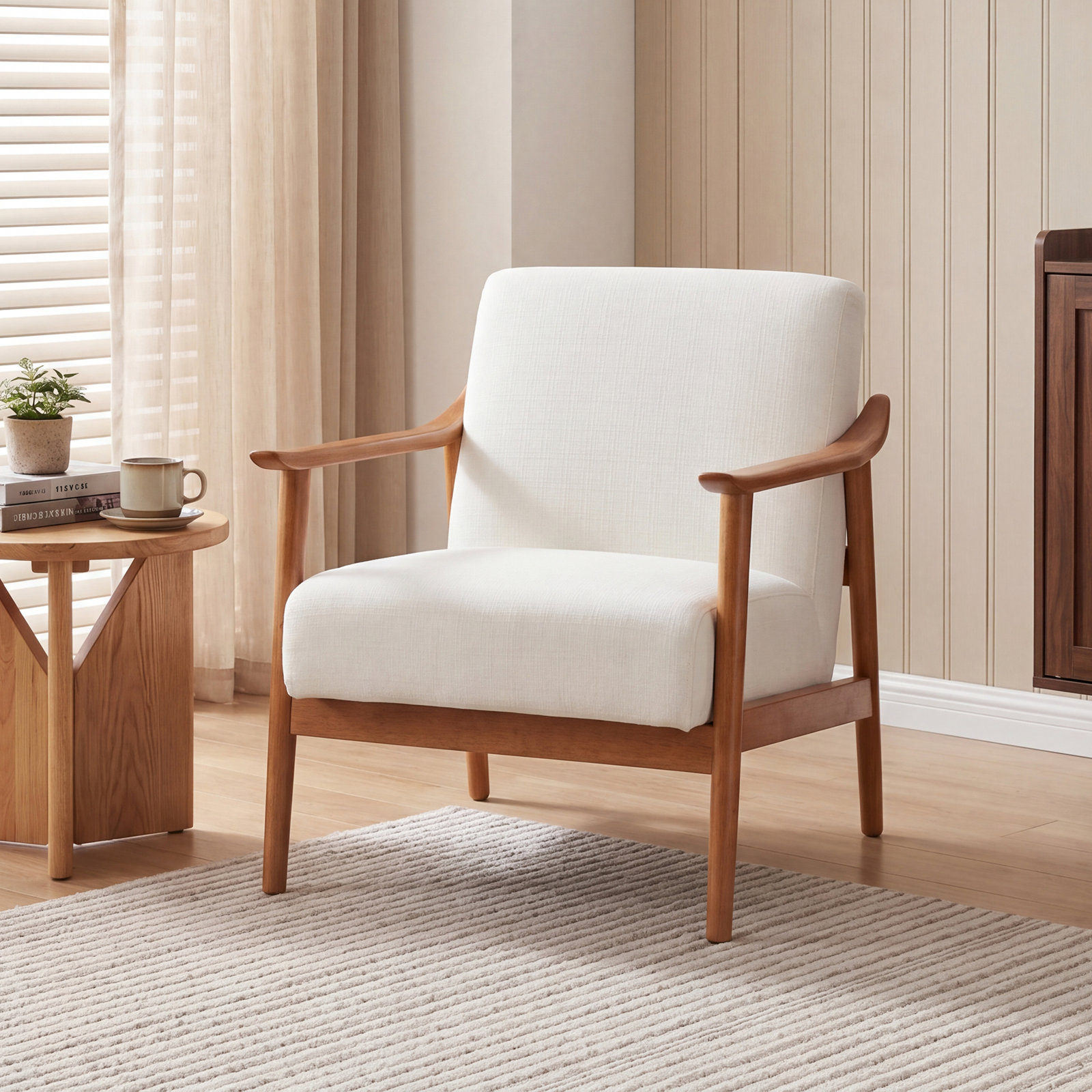 Mid Century Modern Solid Wood Armchair, White
