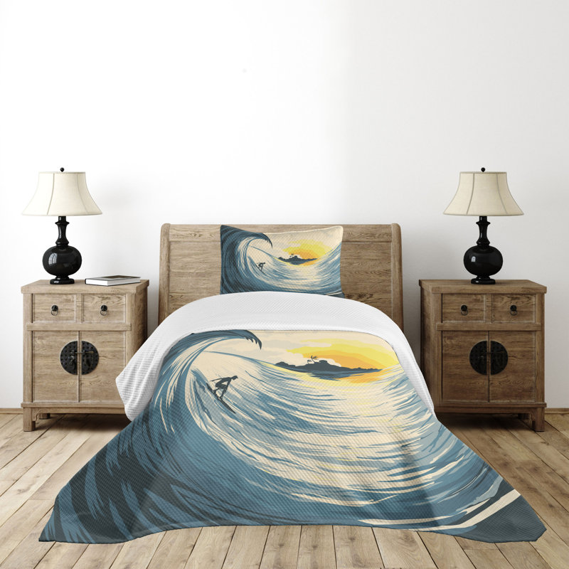 Twin White Quilted Bedspread Set with Ocean Print