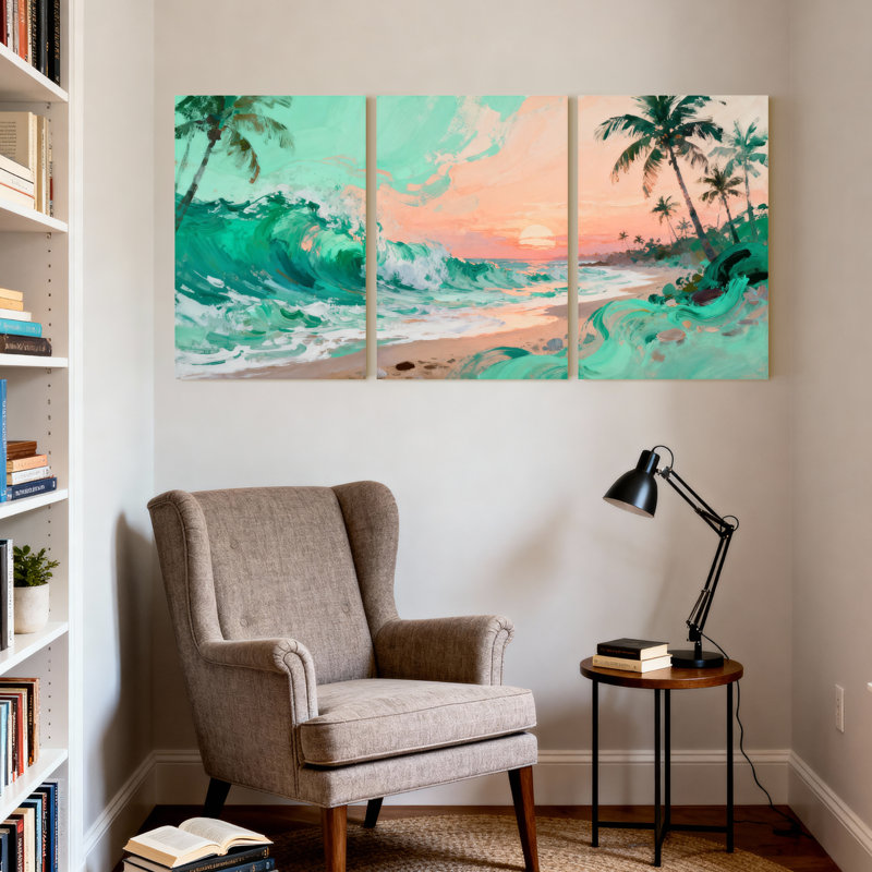 Nautique et plage, plage tropicale, coucher de soleil, vagues, palmiers, océan, ensemble de 3 impressions sur toile