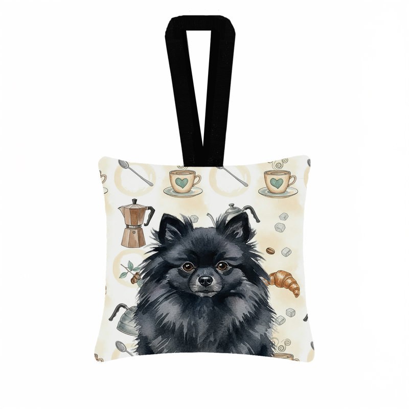 Ornement suspendu en tissu noir Pomeranian Coffee, Poméranien noir