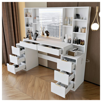 59" Large Vanity Desk with Lighted Mirror, Modern Makeup Table with 8 Drawers & Open Shelves, Adjustable LED Lighting Dressing Station for Bedroom