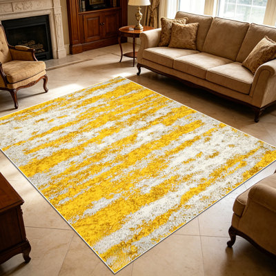 Tapis à rayures abstraites jaunes et blanches de 1 pièce pour le salon, doux et confortable, adapté à toutes les saisons, facile à entretenir, lavable à la machine, tapis de ferme sous la table convenant à la table à manger, à la chambre à coucher, à la cuisine, au vestibule,