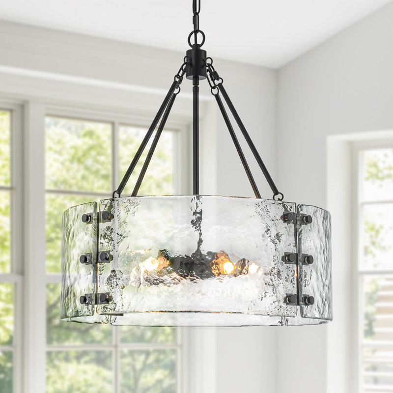 5-light Drum Chandeliers With Textured Glass , Matte Black
