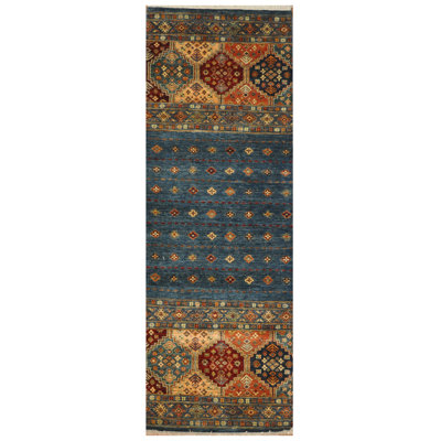 Tapis de couloir géométrique en laine bleu / rouge tissé à la main 2 pi 9 po x 7 pi 10 po
