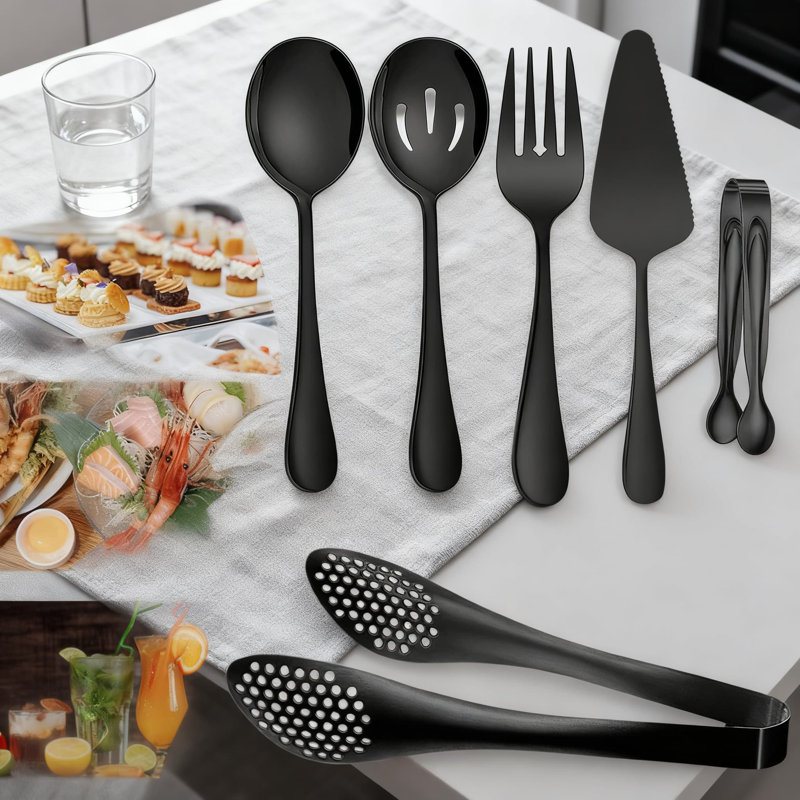 Ensemble d'ustensiles de service 11 pièces en acier inoxydable avec cuillères, fourchettes, pinces et desserte à tarte pour l'hôtellerie de banquet