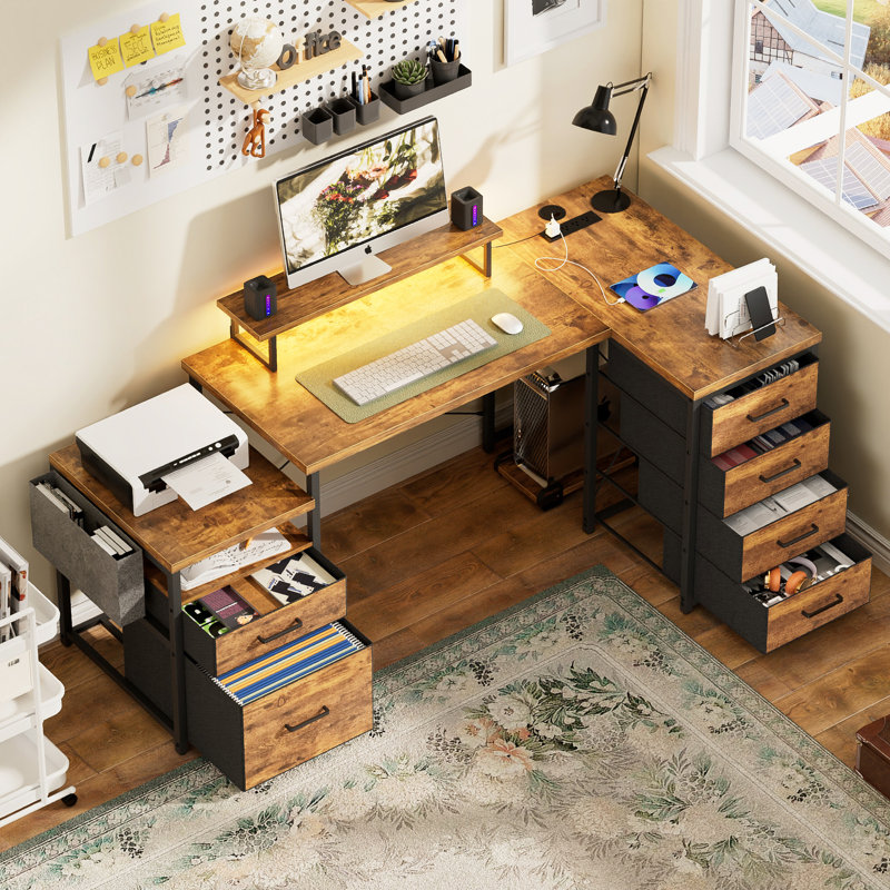 Bernydette Reversible L Shaped Computer Desk with Fabric File Drawers, Corner Desk with RGB LED Lights & Power Outlets & Monitor Stand