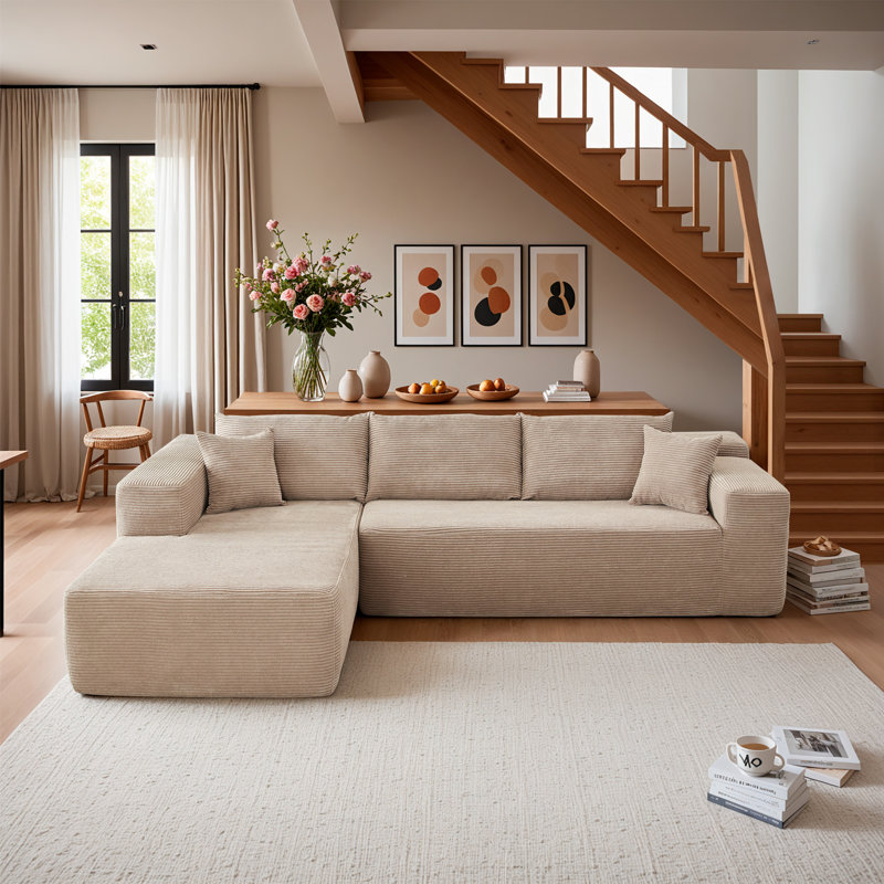 Canapé modulaire rembourré Boneless, Velours côtelé beige, Orienté à gauche (vu de face)