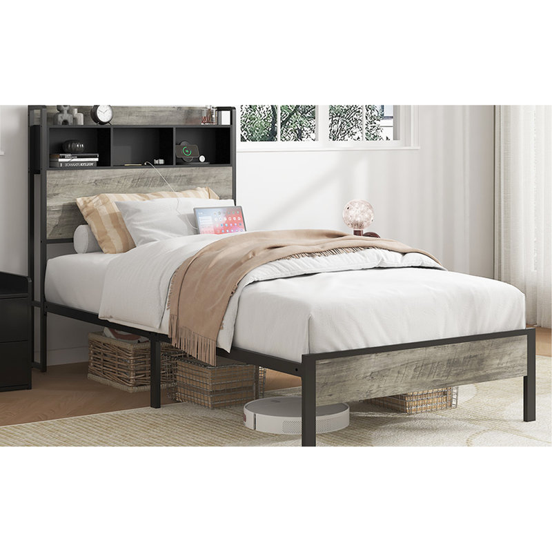 Structure de lit plateforme pleine grandeur en bois avec rangement et 2 tablettes, ton de bois gris, pas de bruit, assemblage simple, support pour rangement des matelas, style de produit classique, couleur brune, lattes, installation facile