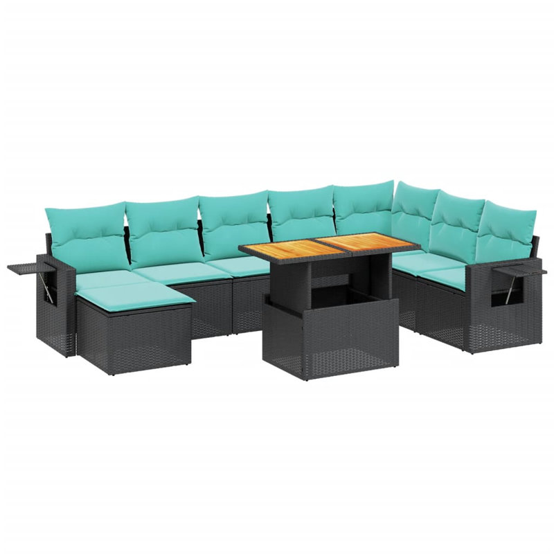  Ensemble de canapé de patio 9 pièces avec coussins en rotin de polyester, Vert, Noir