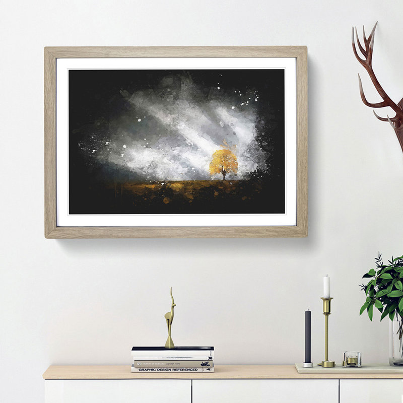 Lone Tree at Dusk - Picture Frame Graphic Art Print, 24cm H x 33cm W x 2cm D, Oak Framed
