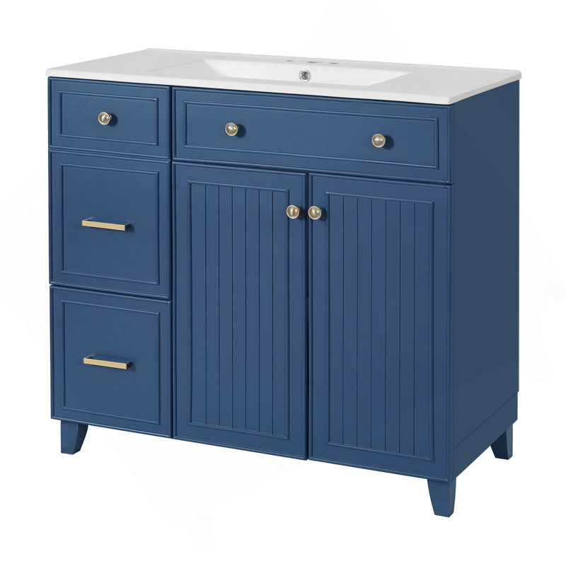 Meuble-lavabo de 36 po avec lavabo en céramique, tiroirs standard et double couche, portes à fermeture en douceur, tablettes réglables, armoire de rangement moderne pour petites et moyennes salles de bain