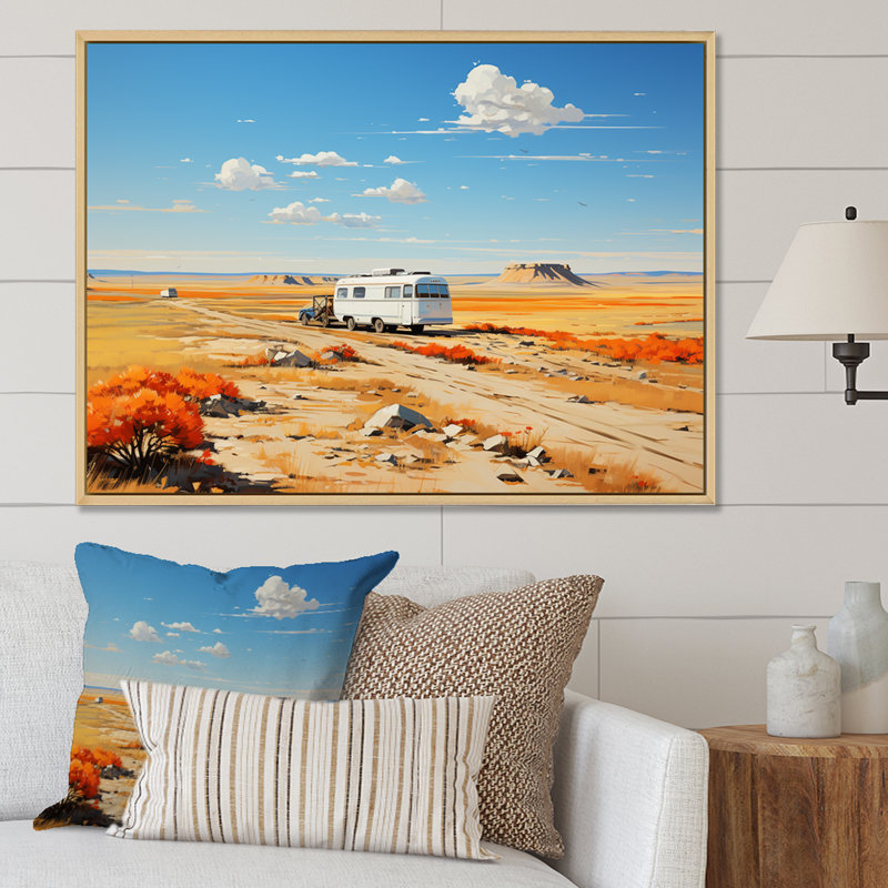 Camping Desert Haven 1 - Art mural de voyage en camping, Cadre flottant blanc, H 30 po x l 40 po x P 1,5 po