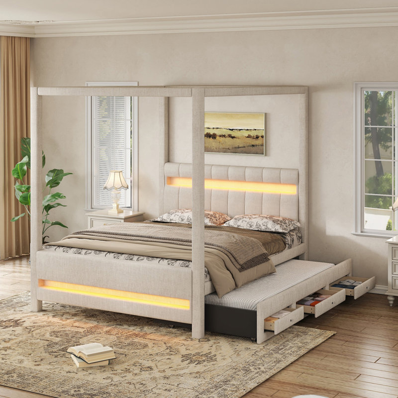Grand lit plateforme à baldaquin tapissier avec lumières DEL, lit gigogne simple, 3 tiroirs de rangement, tête de lit, beige (ETA: 6/14)