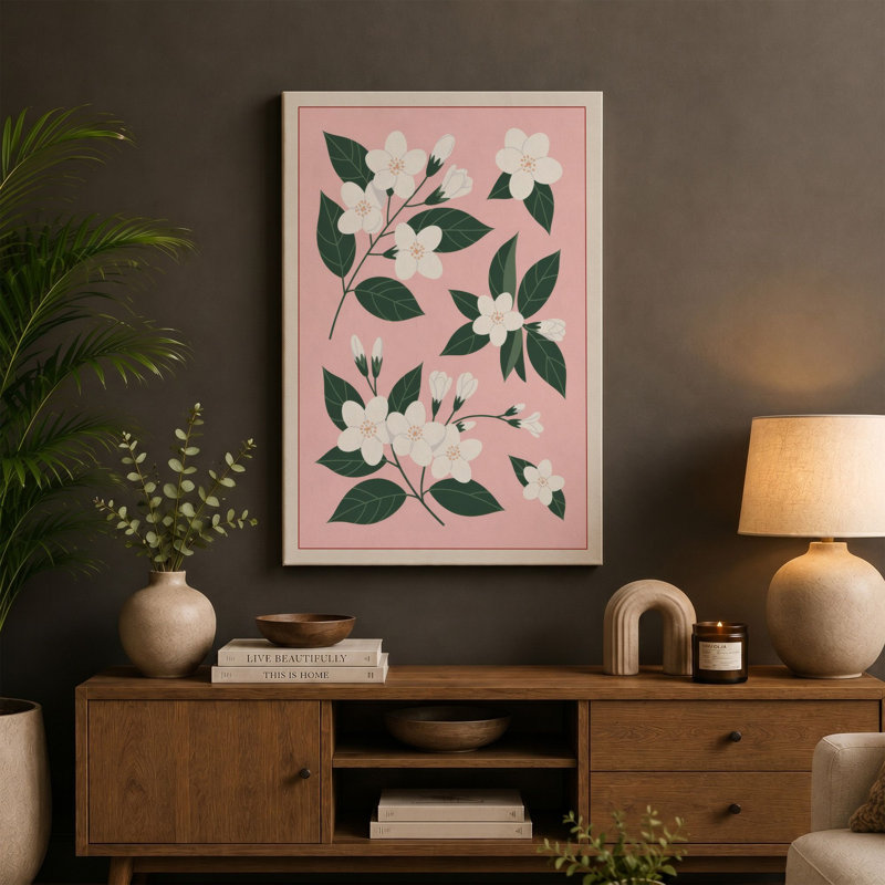 White Flowering Stems Botanical - Wrapped Canvas, 24x16 - 61.0 x 40.6 cm, Sage Border