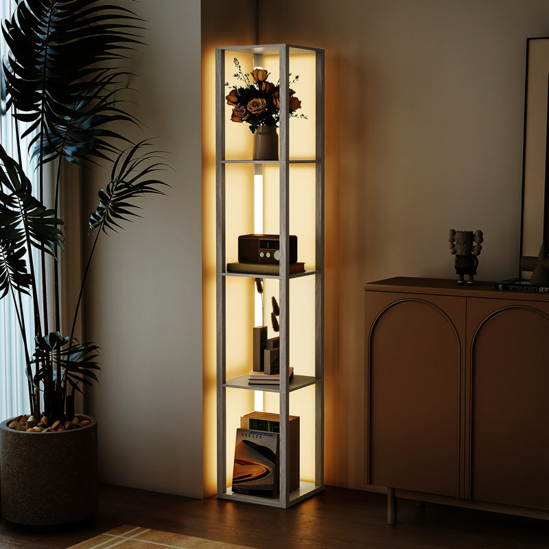 HOMCOM LED Floor Lamp with Shelves Dimmable Foot Switch, Brown