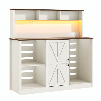 63"W Farmhouse Coffee Bar Cabinet With Fridge Space, Wine Liquor Cabinet With Power Outlet and LED Light, Buffet Sideboard with Adjustable Shelf and Open Storage for Kitchen Dining Room