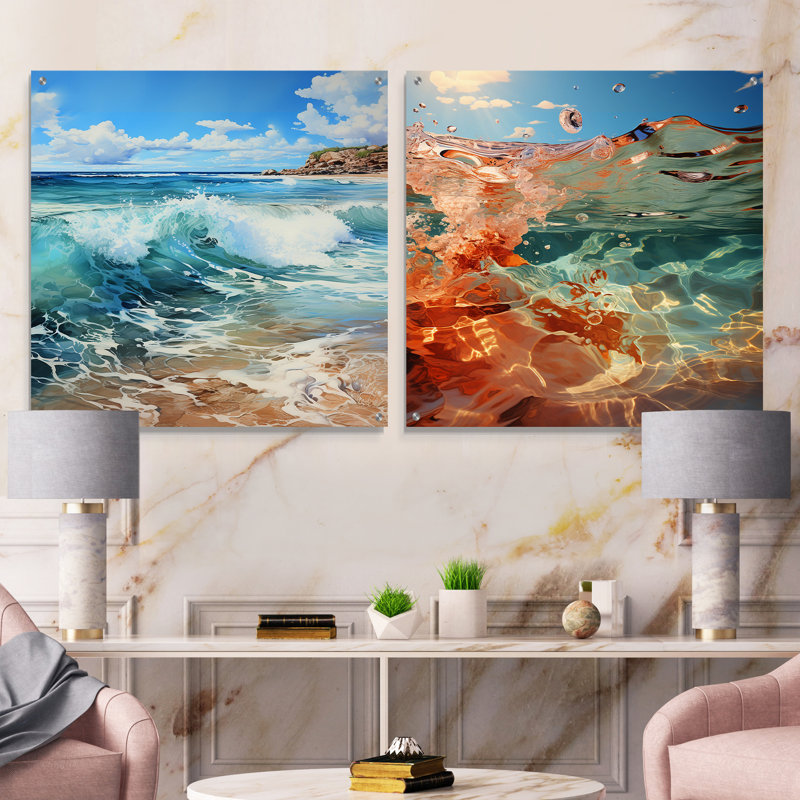 «Beach Photo Oceanic Rhythms» - Ensemble d'art mural en verre acrylique Coastal Beach, H 36 po x l 73 po