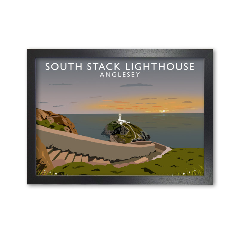 South Stack Lighthouse Anglesey Sunset by Richard O'Neill - Print, 59.4cm H x 84.1cm W x 3cm D, Black Framed