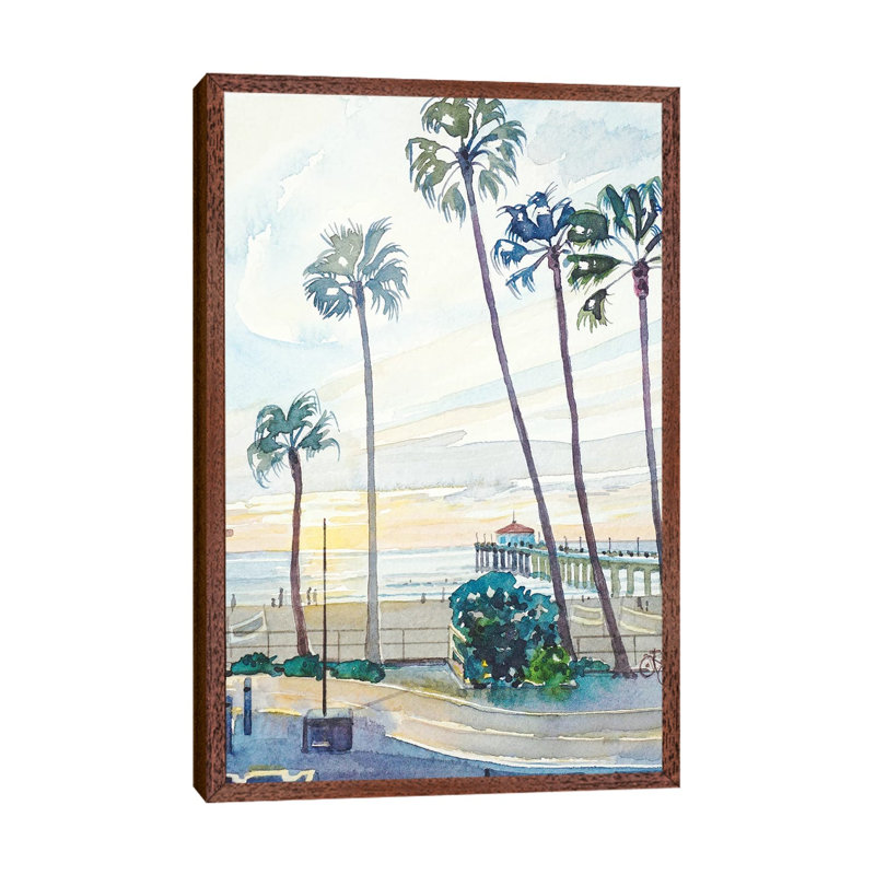 Manhattan Beach Pier by Luisa Millicent - Painting on Canvas, 66.04cm H x 45.72cm W x 3.81cm D, Classic Brown Wood Framed