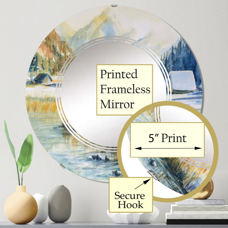 Paysage avec montagne bleue et rivière - miroir mural rond traditionnel, 24 po x 24 po
