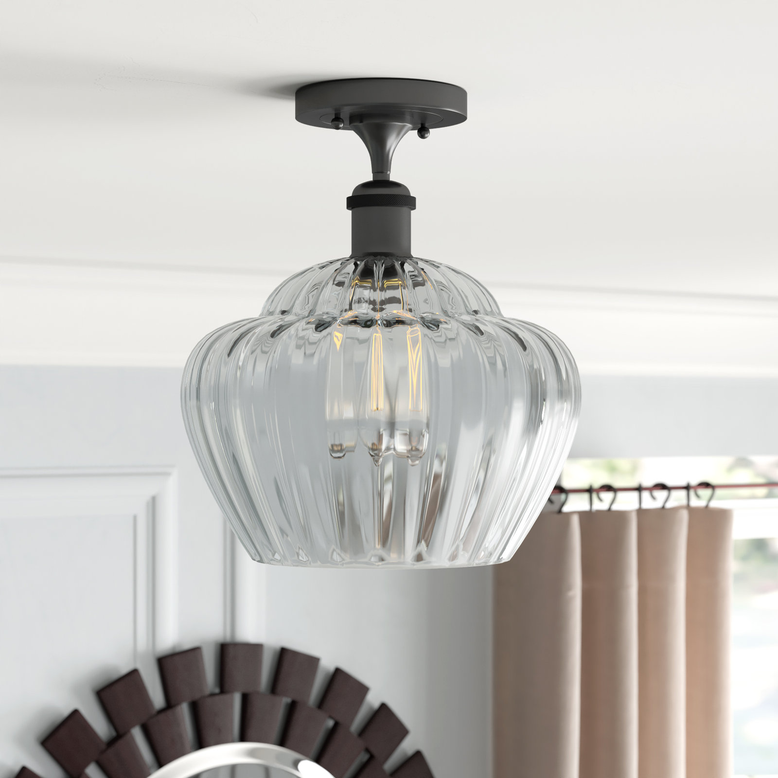 Renee Single Light Glass Semi Flush Mount, Incandescent, Matte Black, Clear