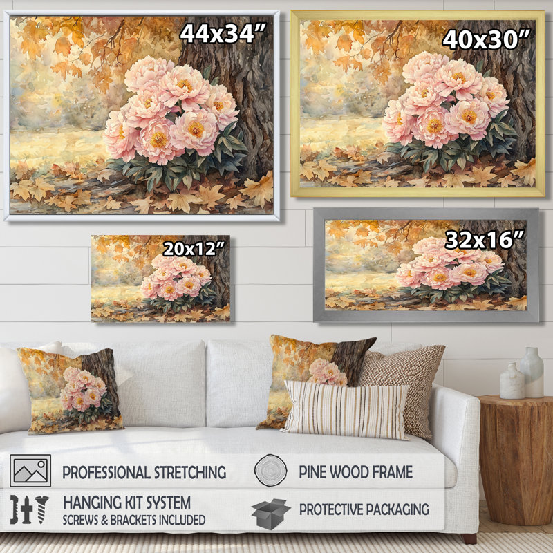 Pivoines par le chêne III - Pivoines, impressions sur toile, H 28 po x l 60 po, Reproduction avec cadre flottant