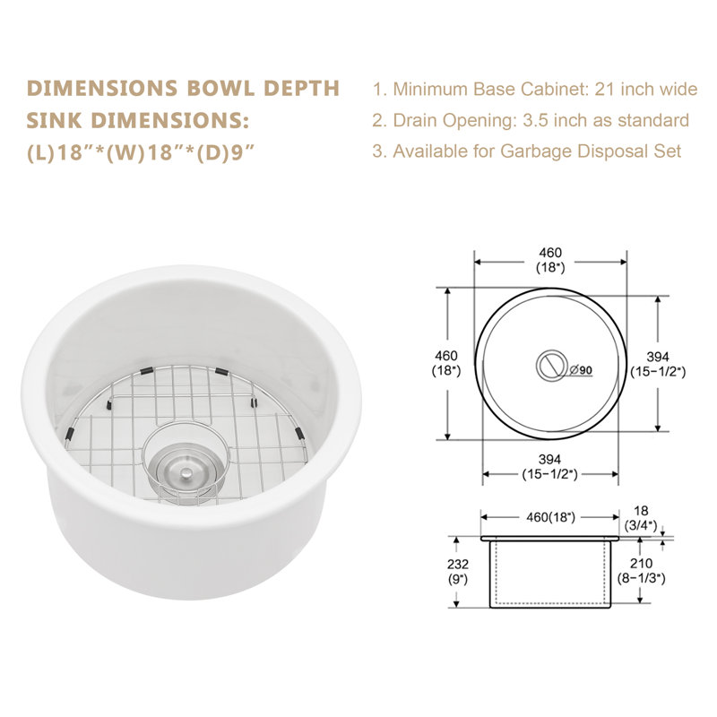 18'' L x 18"  W Undermount Kitchen Sink Round White Ceramic Kitchen Sink Undermount Single Bowl Sink
