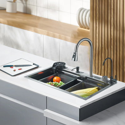 Kitchen Sink Large Single Slot Integrated Digital Display Faucet Set Cup Washer
