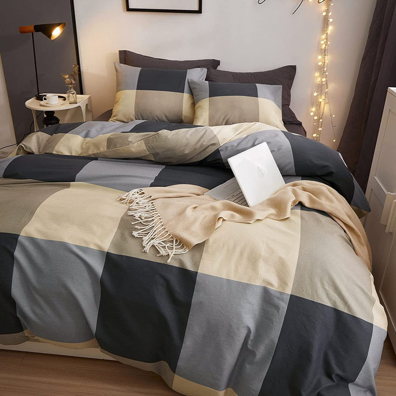 Modern Gray and Beige Cotton Plaid Queen Duvet Cover Set