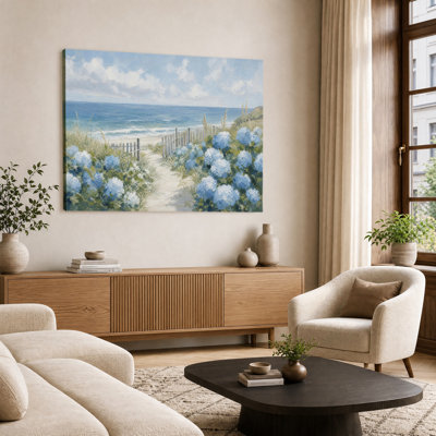Print Canvas Wall Art Thick Texture Oil Painting Blue Hydrangea Sand Path Wooden Fence Ocean Beach Soft Sky Coastal Farmhouse Living Room Wall Decor