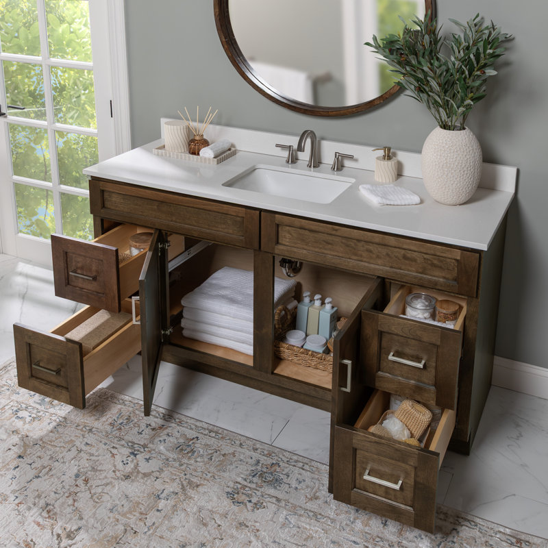 Sollman 61" Kodiak Brown Single Sink Bathroom Vanity with White Ice Quartz Top, 61"