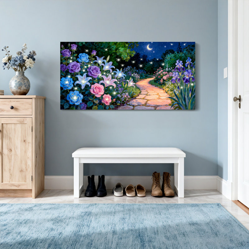 Paysage et nature, chemin de jardin éclairé par la lune avec des fleurs brillantes, H 16 po x l 32 po