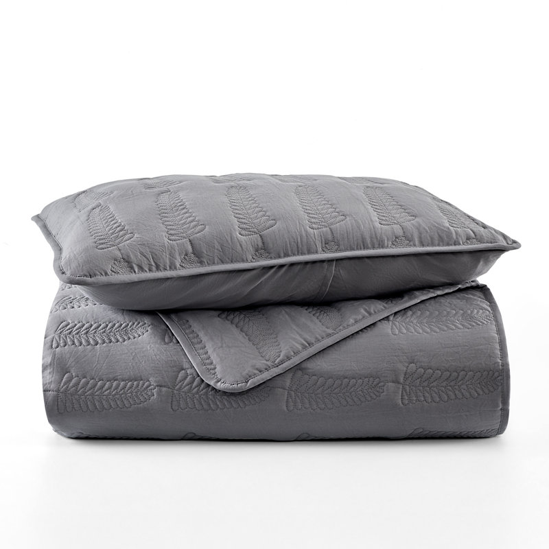 Embroidered Leaf Vintage Washed Quilt Set, Gray, Full/Queen Quilt + 2 Standard Shams