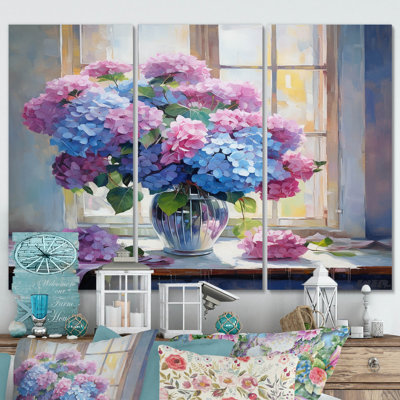 Nature morte vase hortensia Bouquet doux pastel II - ensemble d'hortensias sur toile