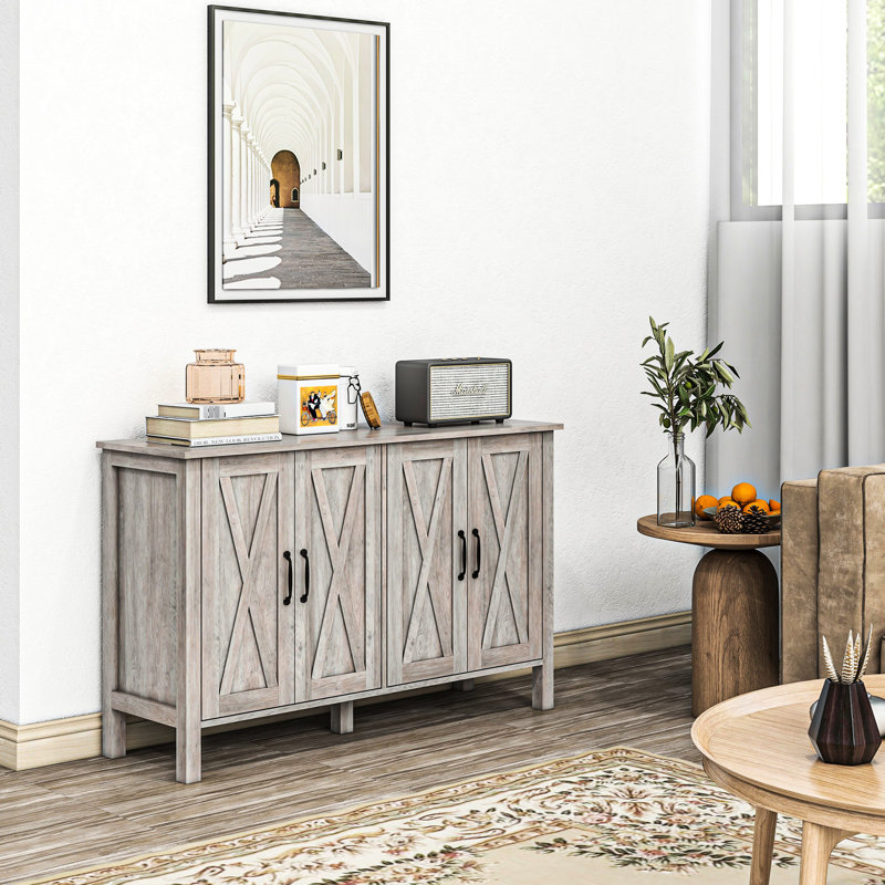 Buffet gris grain de bois pour un espace de vie soigné - Buffet 47 po avec 4 portes de grange et 2 tablettes réglables Buffet de rangement, tablettes élégantes
