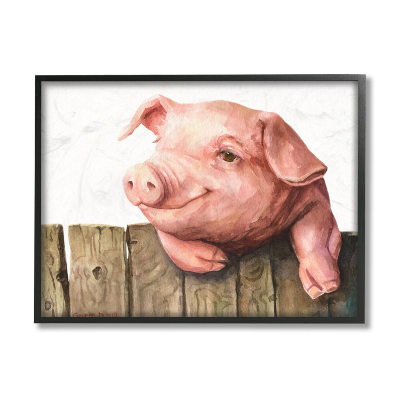 Porcelet sur une clôture en bois, animal de ferme rose, H 11 po x l 14 po x P 1,5 po, Giclée encadrée noir minuit