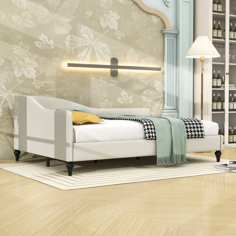 Linen Upholstered L-Shaped Daybed with Semi-Enclosed Design, Beige , Full